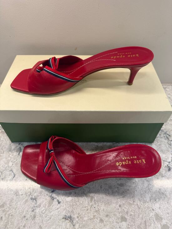 Kate Spade New York Shoes - Kate Spade New York Red Leather Slip-on Kitten Heel Blue Striped Bow Size 8